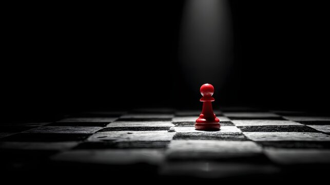 Red Chess Pawn Under Spotlight on Dark Chessboard.