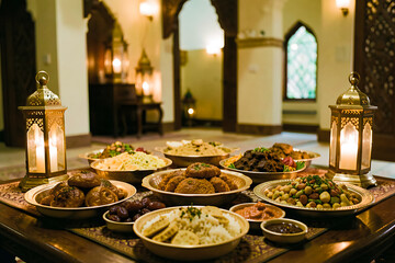 Fototapeta premium Ramadan Iftar Table with Traditional Dishes and Lanterns at Mosque Courtyard