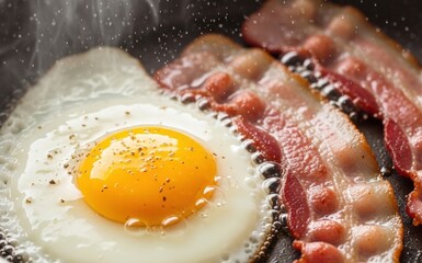 Sizzling Sunny-Side-Up Eggs and Crispy Bacon in a Frying Pan with Rising Steam &ndash; Hot Breakfast Concept