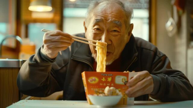 elderly asian man eating steaming noodles in cozy diner using chopsticks to lift instant ramen from cardboard cup, warm ambient light, closeup of smiling face, slurp and savoring, nostalgic