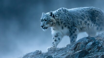 Fototapeta premium Majestic Snow Leopard Prowling on a Rocky Ledge in a Misty, Cold Mountain Environment.