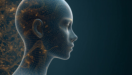 墨の筆致を思わせる匿名アバター、藍と金が揺らぐ上品な横顔CG