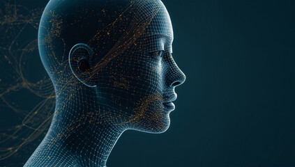 墨の筆致を思わせる匿名アバター、藍と金が揺らぐ上品な横顔CG