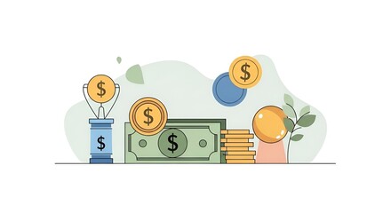 Obraz premium Saving Money Concept Minimal Illustration with Abstract Financial Symbols and Calm Colors. 