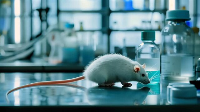 white rat on laboratory bench among vials and tubing, red eyes and whiskers visible, exploratory behavior captured in preclinical setting with reagent bottles and sterile surface,