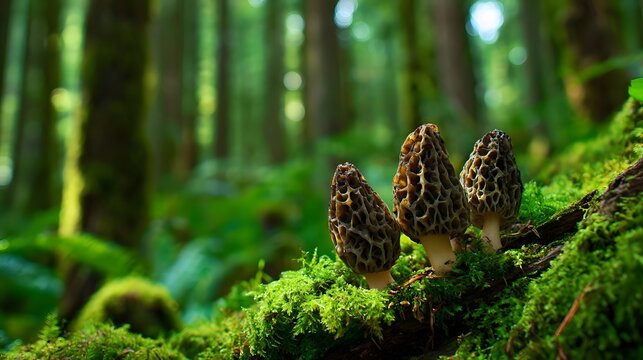 Three morel mushrooms growing on a mossy log in a lush green forest, illuminated by natural light.