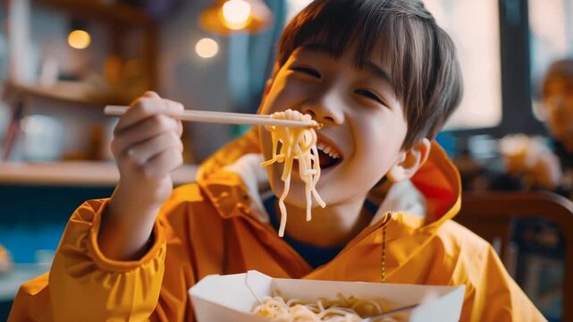 Cheerful young Asian boy savoring noodles in cozy cafe setting. Brightly lit cafe scene featuring smiling boy indulging in noodles with family ambiance and playful atmosphere