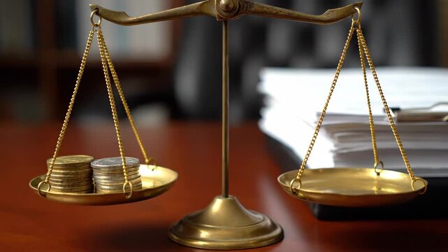 Balanced Scales with Coins and Documents - A brass balance scale is shown with stacks of coins on one side and a stack of papers on the other, representing balance and comparison.