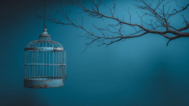 Empty antique birdcage hanging from a tree branch