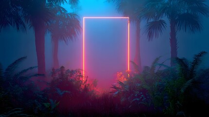 Fototapeta premium Neon Glow in a Mystical Jungle - A Vibrant Portal Amidst Tropical Foliage.
