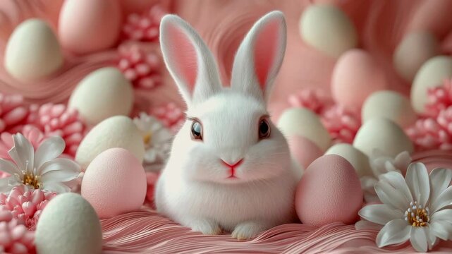 white rabbit surrounded by pastel eggs, soft pink backdrop with daisies and ribbon, plush fur detail and braided fabric, closeup studio composition with textured eggs and bead garlands, warm
