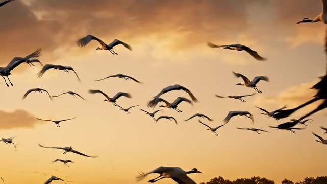 Flock of cranes flying at sunset
