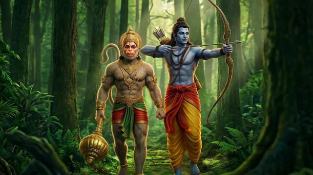 Lord Rama and Hanuman walking through mystical forest, epic Hindu mythology scene, heroic spiritual concept illustration