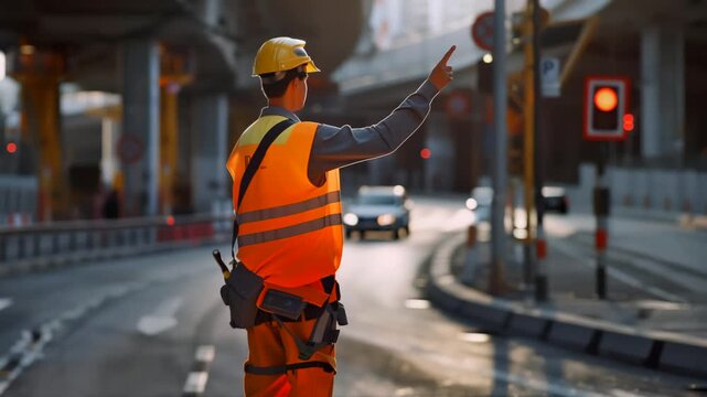 construction worker directing traffic at sunrise, urban intersection, wearing reflective vest and helmet, arm raised to signal vehicles, cones and barriers guide curved lane under overpass,