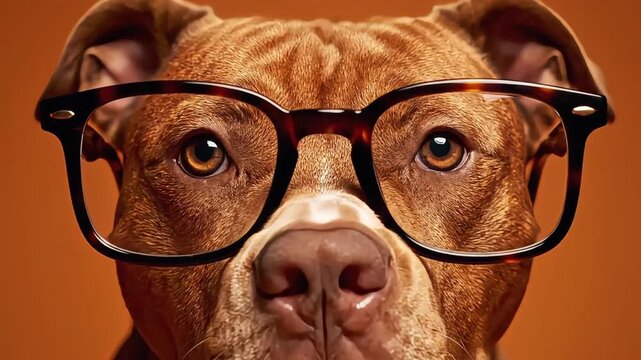Brown pitbulls wearing glasses animal portraiture multiple dog faces on orange background