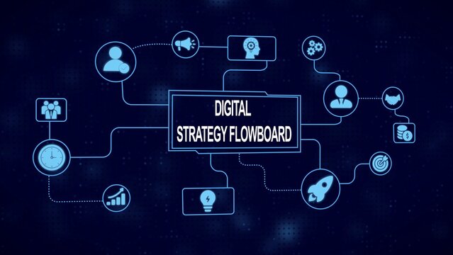 Digital Strategy Flowboard with Icons Showing Business Processes on a Dark Blue Background planning