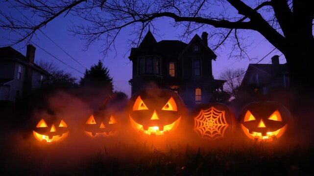 Spooky Halloween Pumpkin Display at Dusk - This striking video features a row of glowing jack-o'-lanterns with various carved faces and designs, including a spider web, set against the backdrop of a