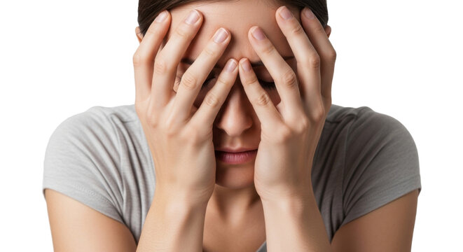 A woman covering her face with her hands in frustration on transparent background