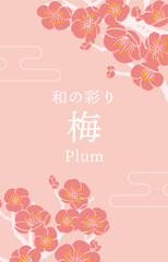 Vector template of a plum branch in a woodblock style | Japanese botanical illustration. It says "Japanese Colorful Plum" in Japanese.