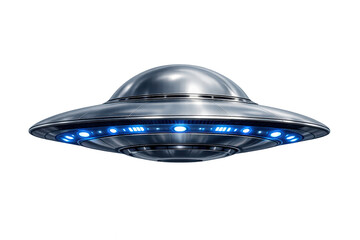 Plakat Shiny gray ufo spaceship generating blue lights, representing alien life, invasion, space travel, and cosmic mystery, transparent background
