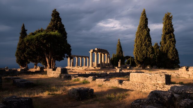 Ancient Greek Temple Ruins Under Dramatic Sky with Cypress Trees.