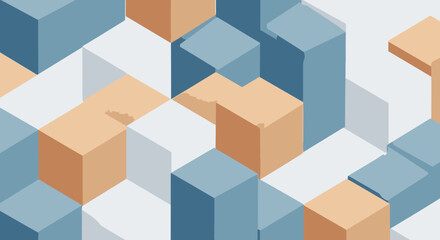 Obraz premium Geometric shapes in a 3D isometric grid, featuring cubes in varying shades of blue and orange, creating a visually striking pattern.