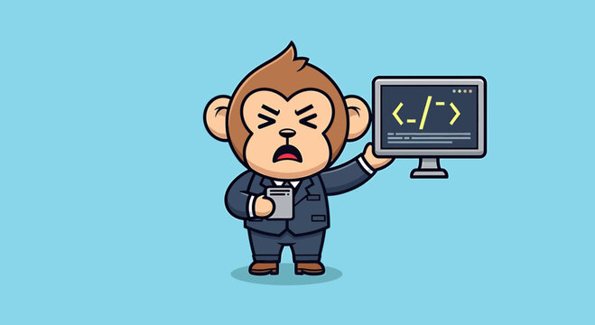 angry monkey programmer holding computer with code