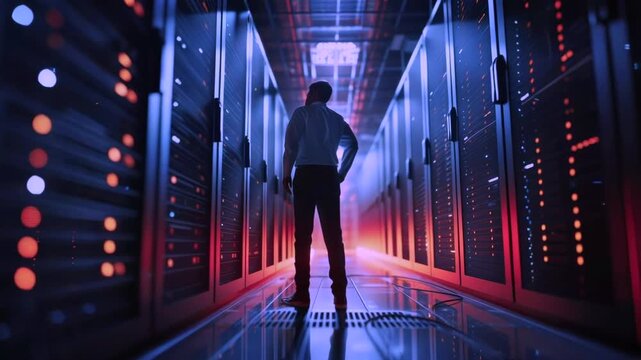 Silhouette standing in server corridor illuminated by red and blue lights, reflective floor and endless rack rows, monitoring LEDs blinking, posture of operator suggesting vigilance