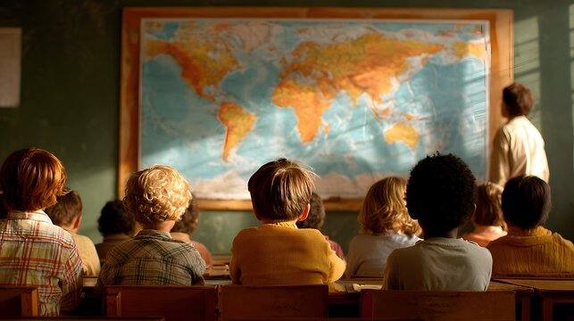 Children in a classroom learning about geography with a large world map on the wall, viewed from behind.