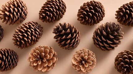 Obraz premium Close up of many pine cones on a light brown background.