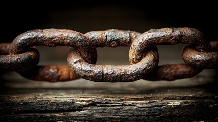 Fototapeta premium Close up of rusty metal chain links on a dark wooden surface.