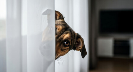 Dog hiding behind curtain symbolizing fear and curiosity