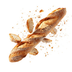 Baguette With Floating Slices And Crumbs on a white background