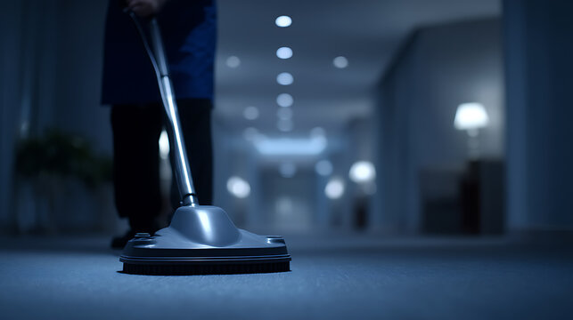 A person is using a floor polisher in the long hallway, suggesting cleanliness and order