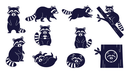 Set of raccoons in various poses and activities, dark blue vector illustration © aminul