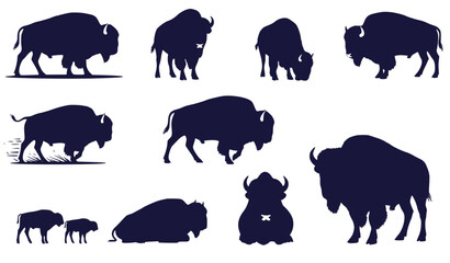 Bison Herd Silhouettes Collection: Diverse Poses in Flat Design Vector Illustration © aminul