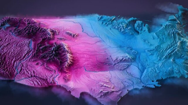 Abstract Topographic Map of the United States with Neon Lighting.
