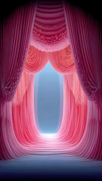 A mesmerizing view of the stage entrance with pink curtains forming an enchanting tunnel. The play of light and shadow creates a captivating ambiance