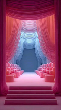 A pink and light blue runway with an interior perspective, perfect for fashion shows, presentations or other event settings. With rows of seating and elegant draped curtains