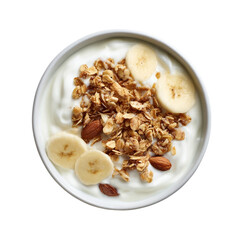  bowl of yogurt with granola on a white background