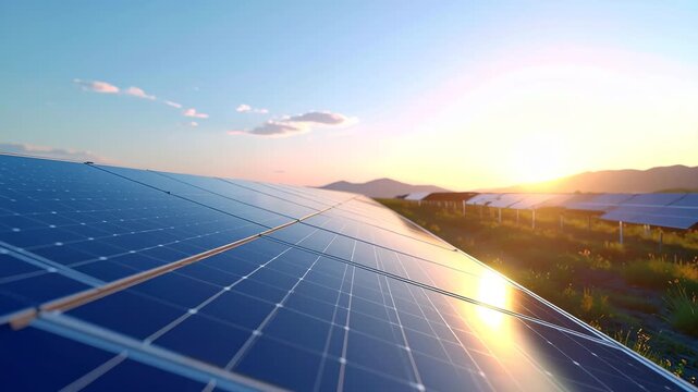 Solar Energy's Bright Future: The image showcases a sprawling solar panel array under the warm embrace of the setting sun, symbolizing clean energy and sustainable living. 