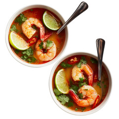 Bowls of Shrimp Tom Yum Soup on a white background