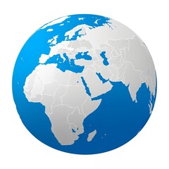 Globe centered on Africa viewed from space showcasing continents and oceans in a 2D illustration