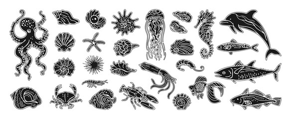 Hand drawn vector illustration set of underwater marine life featuring octopus, seahorse nautilus shell fish crab, lobster starfish seashells. Modern art stamp press stencil, coastal ocean mood © neliakott