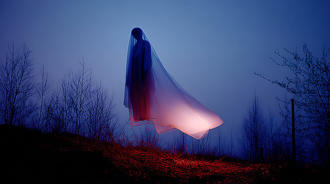 A spectral figure floats in a mystical twilight landscape, draped in an ethereal shroud. The atmosphere is somber, with a blend of mystery