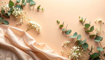Silk fabric with eucalyptus and small white flowers