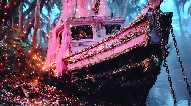 A vintage pink boat adorned with luminous decorations, evoking a sense of fantasy and wonder. The boat is docked in a tranquil, ethereal setting.