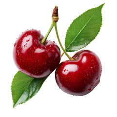 Delicious cherries with green leaf on a white background