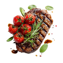  Delicious Grilled Steak with Roasted Tomatoes and Herbs on a white background