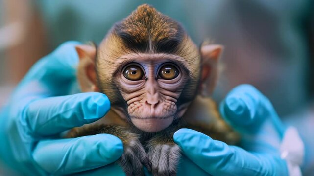 baby macaque cradled in blue gloves during clinic exam, veterinarian gently checks vitals, closeup portrait showing wide eyes, tender handling in sterile environment, rehab staff preparing